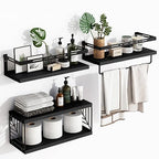 Fixwal 3+1 Tier Wall Mounted Bathroom Shelves Over Toilet, Rustic Wood Floating Shelves with Metal Frame and Towel Bar for Bathroom, Kitchen, Bedroom, Living Room (Black) - color: 5-black