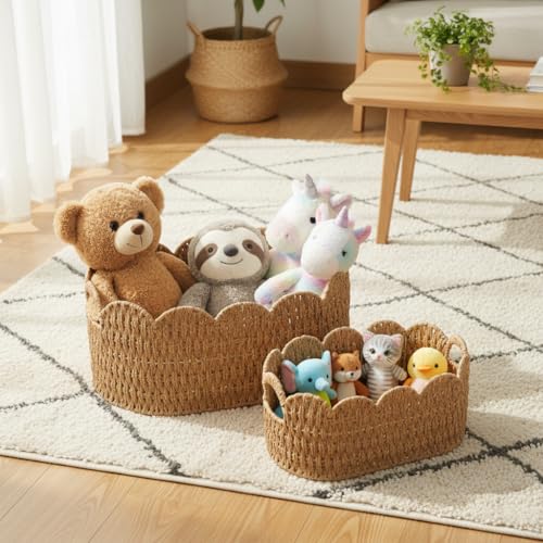 Coeusy Paper Rope Scalloped Basket Set of 2,Woven Storage Baskets for Shelves,Laundry,Towels,Clothes,Books,Toys,Cute Decor Baskets for Organizing,Natural Color - color: Natural