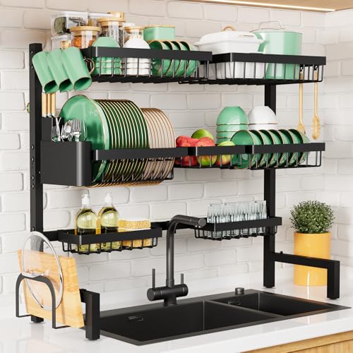 Kitsure Over The Sink Dish Drying Rack - 31.5" to 39.4" x 30.3", Adjustable Sink Drying Rack for Kitchen Sink with Multifunctional Baskets, Black - color: Black, size: X-Large