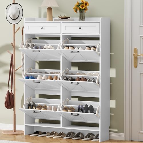 Thacuok Shoe Cabinet with 6 Flip Drawers & 2 Storage Drawers, Rustic Farmhouse Narrow Shoe Organizer Cabinet, Slim Shoe Rack Cabinet, Shoe Storage Cabinet for Entryway, Hallway, Front Door - color: White, size: 6 Drawers