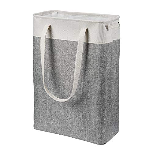 i BKGOO Laundry Basket with Handles Beige&Grey-Slim Laundry Bin Collapsible Dirty Clothes Basket Narrow Laundry Bag Foldable Dirty Hamper for Camping, Dorms, Apartments - color: Beige-Grey