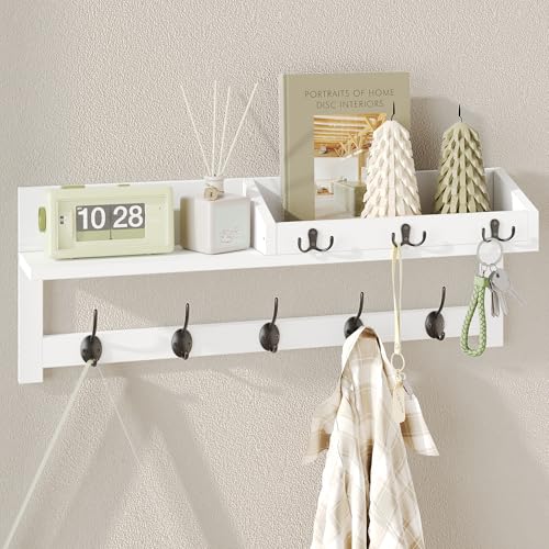 AMBIRD Wall Hooks with Shelf, 26.57 Inch Entryway Wood Coat Hooks for Wall, Coat Rack Wall Mount with 5 Dual Hooks 3 Key Hooks Mail Organizer and Key Rack Holder (White) - color: White, size: 26.57" L