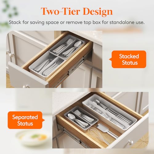 Lifewit Compact Silverware Organizer for Kitchen Drawer, Narrow Flatware Tray Holder, Plastic Cutlery Spoons, Forks and Knives Storage, White&Gray, 1 Pack - color: Gray&White