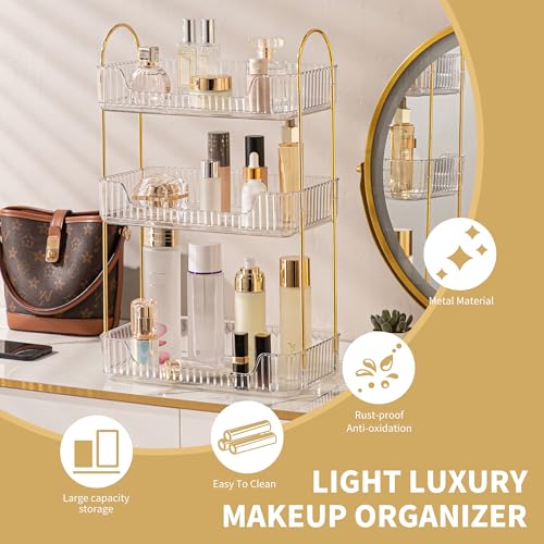 YCIA&DONE Bathroom Organizer Countertop, Makeup Storage, Skincare Cosmetic Tray Shelf, Perfume Holder Rack for Vanity Counter, Large Capacity, Easy to Install, Clean, 3 Tiers, Clear White - color: Clear White, size: 3-Tier