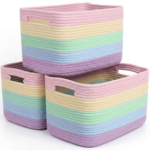 Storage Baskets for Organizing, 14 x 10 x 9” Closet Shelf Woven Baskets, Square Bins with Handles, Cotton Rope Basket for Toys, Clothes, Office, Room, Rainbow 3 Pack - color: Rainbow, size: 3pcs