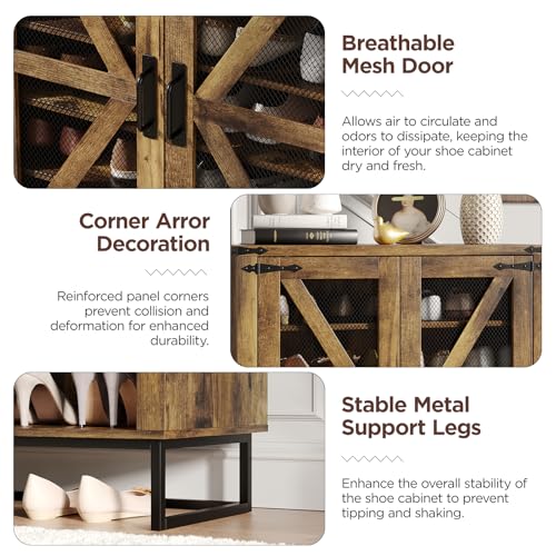 Maupvit 42.1" Farmhouse Shoe Cabinet with Ventilated Mesh Doors, 6-Tier Shoe Storage Cabinet with Adjustable Shelves & Metal Legs, Rustic Wooden Shoe Rack Organizer for Entryway, Hallway, Foyer, Brown - color: Brown