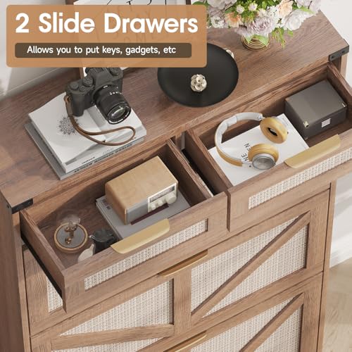 Halitaa Shoe Cabinet with 3 Flip Drawers & 2 Drawers,Freestanding Shoe Storage Cabinet for Entryway,Farmhouse Narrow Slim Organizer Rack for Foyer,Hallway,Rustic Oak Rattan - color: Rustic Oak Rattan, style: 3-Drawers