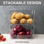 2 Pack Large Stackable Storage Bins, Plastic Container Organizer with Open Front, Pantry Organizers and Storage for Potato, Onion, Fruit and Vegetable, Clear Kitchen Laundry Organizer with Lid