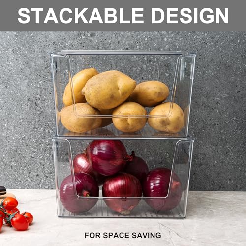 2 Pack Large Stackable Storage Bins, Plastic Container Organizer with Open Front, Pantry Organizers and Storage for Potato, Onion, Fruit and Vegetable, Clear Kitchen Laundry Organizer with Lid