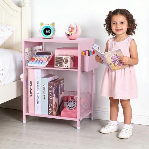 ECOLOVI Kids Nightstand 19in High for Floor Beds, 3-Tier Metal Small Bedside Table with Adjustable Storage Shelf, Basket & 3 S-Hooks, Low Nightstand for Nursery, Toddler Bedroom (Pink) - color: Pink