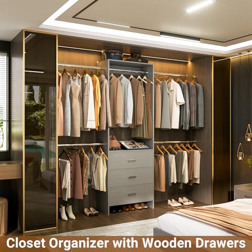 Aheaplus Closet System, Closet Organizer with 3 Wooden Drawers, Closet Organizer System, Walk-in Closet Wardrobe Clothes Rack with 4 Hanging Rods, Garment Rack, -4R, Grey - color: Grey, size: Without Light