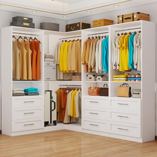 Closet System with 9 Drawers, Corner Closet Organizer System with 9 Hanging Rods Walk in Wooden Modular Closet Storage System L-Shaped 4 Sets, 2800+ Lbs Capacity White - color: Cl07090909