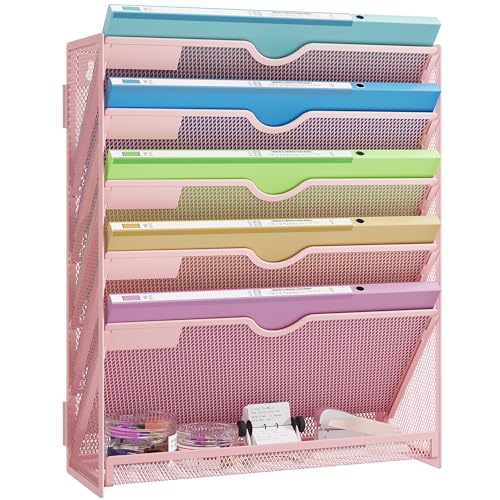 Pink Desk Organizer, Hanging Wall File Organizer with 6 Tiers, Metal Mesh Magazine & Mail Holder for Office Desk, Wall Mount Document Organizer for Home Decor - color: Pink-1pack