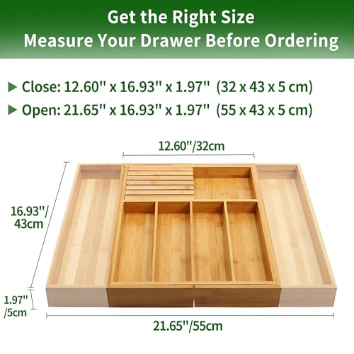 VaeFae Bamboo Silverware Drawer Organizer Kitchen, Expandable Utensil Organizer with Knife Block, Cutlery Tray with Divider, Multifunctional Drawer Organizer - color: Natural, size: Large - Expandable with Block