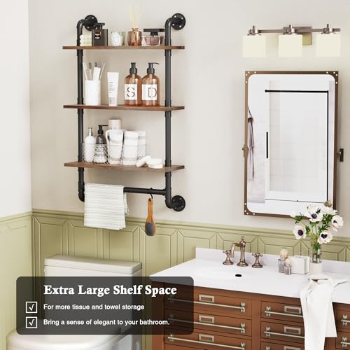 Merapi 24" Industrial Floating Shelves with Tower Bar, Pipe Shelves for Wall, 3 Tier Rustic Wood Wall Shelves for Home Décor, Bedroom, Living Room, Bathroom - style: 3 Tier with Tower Bar