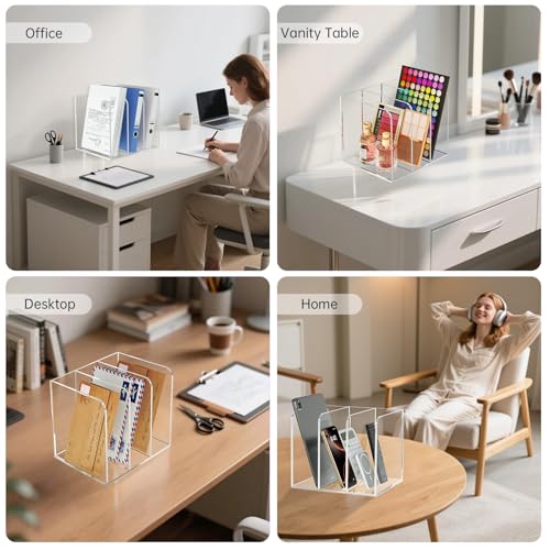 Acrylic Desk Organizer Book Organizer, Magazine File Holder, Vertical File Organizer Stand File Folder Holder, Mail Organizer Countertop Mail Sorter File Sorter, Clear Book Ends Book Holder