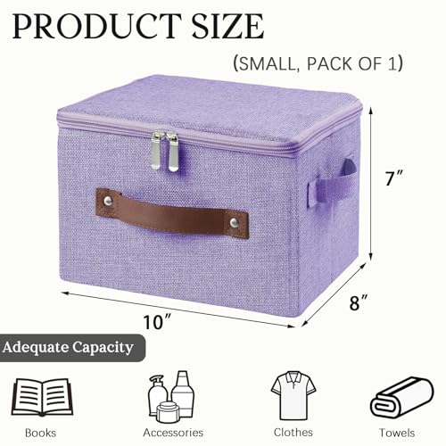 Storage Bins with Zipper Lid Foldable Fabric Lidded Storage Boxes Baskets Cubes Washable Collapsible PU Leather Handle Cotton Linen Shelves Closet Organizer Container(Purple, Small Size) - color: Purple, size: Small ( Set of 1 )