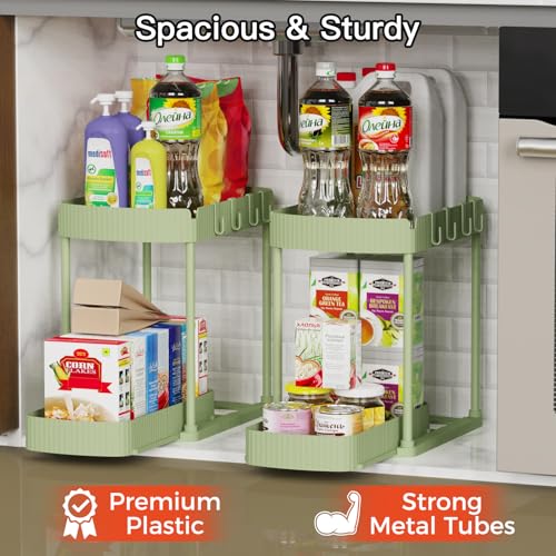 Ukeetap 2 Pack Multi-Purpose Pull-Out Storage Organizers, Under Sink Organizers and Storage for Bathroom & Kitchen, Under Cabinet Organizers and storage, 12.8 Inch, Green - color: Green, size: 12.8 Inch