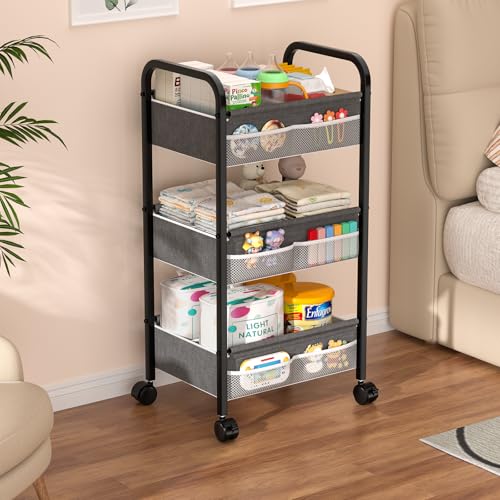 Baby Diaper Caddy Rolling Utility Cart, 3 Tier Baby Essentials Nursery Organizer and Storage with Dividers and Drawers for Crib, Bedroom, Art & Craft Organizer (Black) - color: Black