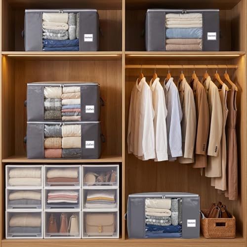 YGEOMER 6 Pack Heavy Duty Blanket Storage Bags Clothes Storage Foldable Closet Organizers Containers with Reinforced Handle for Clothing, Blanket, Comforters, Bed Sheets, Pillows and Toys, Grey 60L - size: 60L