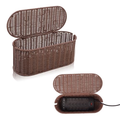 Cable Management Box, Handmade Rattan Cable Organizer, 2 Open Slots Cords Hider Box, Under Desk Cord Organizer for Computer Router USB Hub & Power Strip, Patent Pending, 15.9" x 6.5" x 6.5", Brown - color: Brown, style: Oval