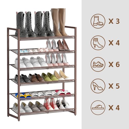 6-Tier Metal Large Shoe Rack,Tall Shoe Rack for Closet,entryway,Garage, with Adjustable Flat or Angled Shelves, Hold 20-26 Pairs Shoes - color: Bronze, size: 6Tier