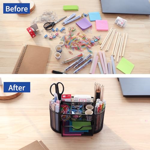 EOOUT Desk Organizer, Pencil Holder for Desk, Mesh Office Desk Accessories with 8 Compartments and 1 Drawer Stationery Holder School Supplies - color: Black