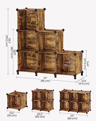 SONGMICS 6 Cube Storage Organizer, Modular Bookshelf, DIY Closet Organizers and Storage, Plastic Stackable Shelves, 11.8 x 11.8 x 11.8 Inch Cubes, with Feet and Rubber Mallet, Rustic Brown ULPC111A01 - color: Rustic Brown, size: 11.8"L x 11.8"W x 11.8"H