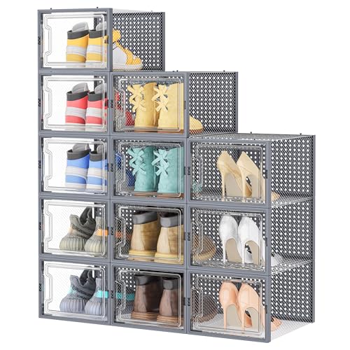 HOMIDEC Shoe Storage, 12 Pack Shoe Organizer for Closet, Shoe Boxes Clear Plastic Stackable Shoe Containers with Lids for Size 13 - color: Grey, size: XL