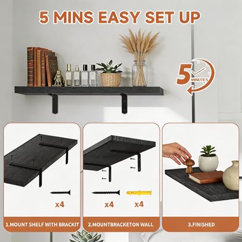 Easy Install Wall Shelves with Bracket,15.7Inch Wall Mounted Wood Floating Wall Shelves,Small Wall Shelves for Storage&Wall Decor, Living Room, Kitchen, Office,Corner Shelf for Bathroom,Set of 3,Black - color: Black L-bracket