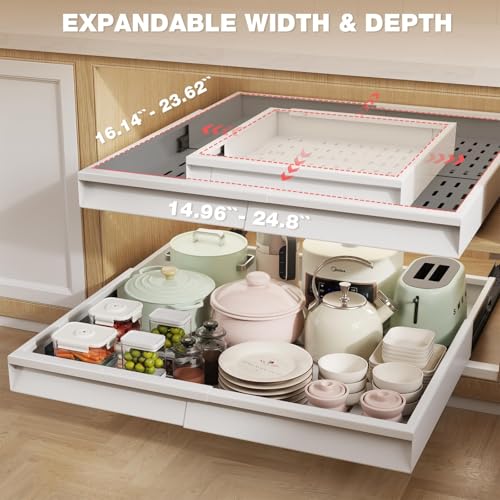 Seinloes 2 Pack Pull Out Cabinet Organizer With Raising Pad for Framed Cabinets,Expandable Width (15"-25") and Depth (17"-24"),3 Slide Rails Slide Out Drawers with Handle,No-Drill Roll Out Shelf,White - color: White, size: 15"-25"W x 17"-24"D(2Pack)