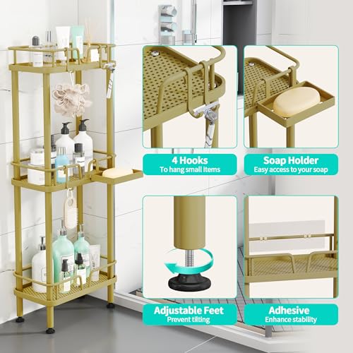 HapiRm Standing Corner Shower Caddy - 3 Tier Corner Shower Organizer with Soap Holder, Rustproof Stainless Steel Bathroom Shelf with 4 Hooks, Gold - color: Gold