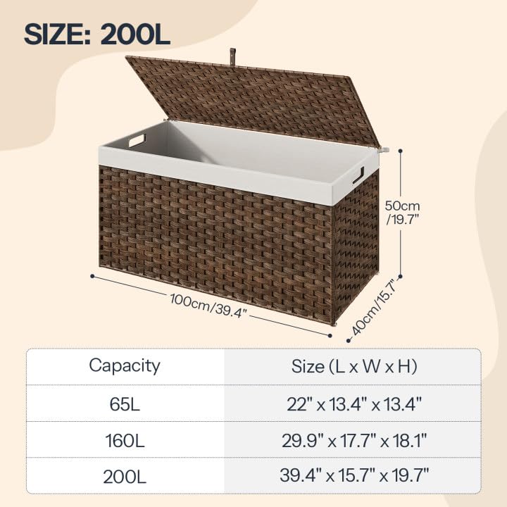 HOOBRO Storage Basket with Lid, 52.8 Gallon (200L) Wicker Basket, Handwoven Blanket Storage Basket with Handles, Metal Frame and Soft Lining, Foldable for Bedroom, Laundry Room, Brown BR220CW01 - color: Brown, size: 39.4"L x 15.7"W x 19.7"H