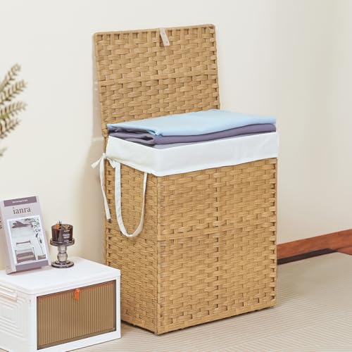 DUMOS Woven Laundry Basket with Lid, 90L Large Capacity Hamper, Removable & Machine-Washable Liner, Foldable Rattan Clothes Hamper, Sturdy Steel Frame, Odor Control, Goose Yellow - color: Goose Yellow, size: 90L