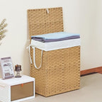 DUMOS Woven Laundry Basket with Lid, 90L Large Capacity Hamper, Removable & Machine-Washable Liner, Foldable Rattan Clothes Hamper, Sturdy Steel Frame, Odor Control, Goose Yellow - color: Goose Yellow, size: 90L