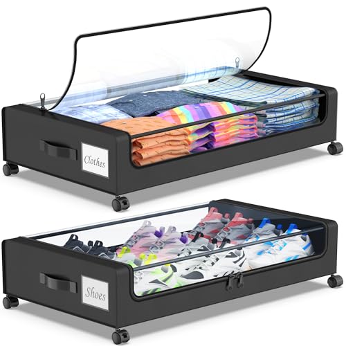 Beborxue Under Bed Storage with Wheels, 2-Pack Under the Bed Storage Containers with Lids, XXL 60L Under Bed Shoes Storage Organizer Bins, Rolling Underbed Storage for Clothes, Shoes, Blankets (Black) - color: 2 Pack-Black