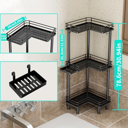 HapiRm Corner Shower Caddy Standing - 3 Tier Shower Organizer Corner with Soap Holder, Rustproof Bathroom Standing Organizer with 4 Hooks, Black - color: Black, size: 3-tier