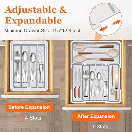 Spaclear Expandable Silverware Drawer Organizer - 7 Compartments BPA-Free Kitchen Utensil Tray, Adjustable 12.6”×9.5" to 19"×15.2", Cutlery Drawer Organizer, Gray - color: Grey, size: M(9.5-15.2"W x 12.6-19"D)