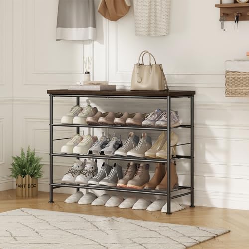 SUOERNUO Shoe Rack Organizer 4 Tier for Closet Entryway Free Standing Metal Storage Shoe Shelf with MDF Top Board，Black - color: Black+rustic Brown, size: Standard 4 Tier