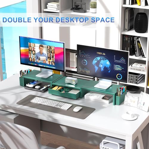 gianotter Dual Monitor Stand Riser, Desk Organizer With Drawer and 2 Pen Holders, Monitor Stand for Desk, Office Decor Essentials (Green) - color: Green