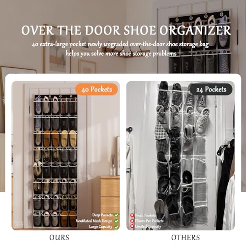 homyfort Over the Door Shoe Organizer, 40 Large Breathable Mesh Pocket,Space Saving Hanging Shoe Rack,Shoe Storage Holder for Entryway Bedroom Closet - color: Oxford-like Black, size: 1 Pack 40 Pockets