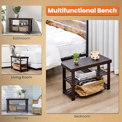 Sweetcrispy 3-Tier Shoe Rack Bench, Bamboo Entryway Storage Organizer, Shoes Stand for FrontDoor Entrance, Bedroom, Living Room, 286lb Capacity, 11.3 x 27.6 x 17.8 Inches, Chestnut - color: Brown, size: 27 inches WIdth