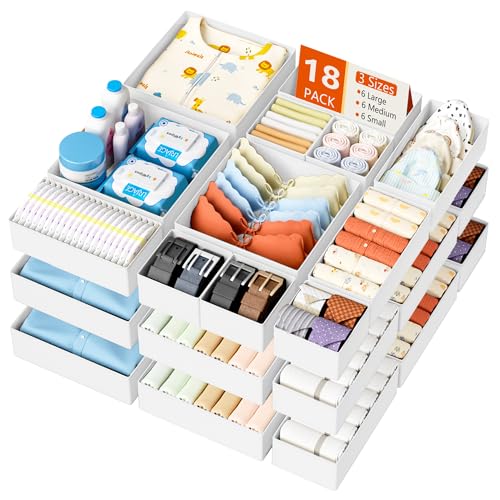 DIMJ Drawer Organizer Clothes - 18 Pack Baby Dresser Organizer for Nursery, Foldable Drawer Organizer Bins for Closet Bedroom Organization, Fabric Clothes Storage Dividers for Underwears, Socks, Bras - color: White, size: 18 Pack