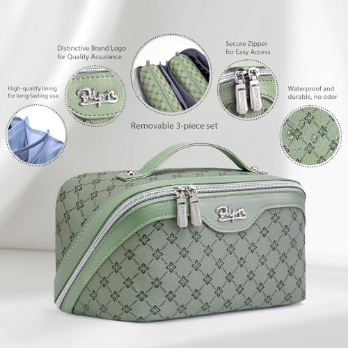 BOYATU Travel Makeup Bag Cosmetic Bags for Women: 3 Pcs Set Large Capacity Make up Bag with Handle - Vegan Leather Toiletry Bags with Compartments - Makeup Organizer for Travel Essentials(A-5-Green) - color: A-5-Green