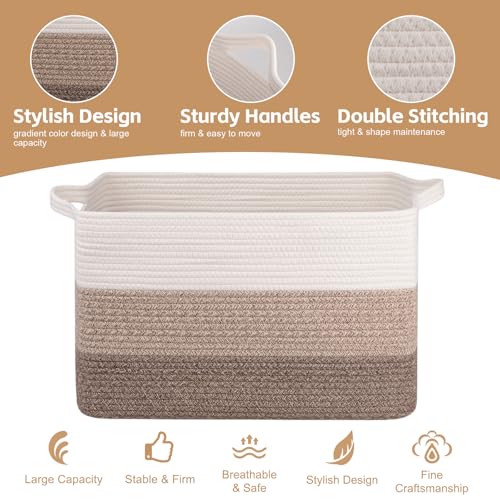 OIAHOMY Extra Large Blanket Basket, 110L Cotton Rope Woven Laundry Basket, Toy Bin for Baby Room, Container for Blanket Storage in Living Room, 24.8''×17.3''×15.8'', Gradient Brown - color: Gradient Brown, size: 110L