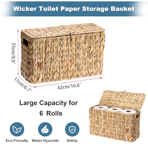 Sumnacon Toilet Paper Basket, Wicker Water Hyacinth Toilet Paper Holder with Handles and Lid, Holds Up to 6 Mega Rolls, Decorative Farmhouse Woven Bathroom Accessories Toilet Tissues Organizer, Large - size: Large