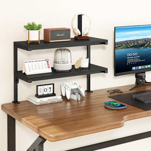 IBUYKE Clamp on Desk Shelf, 22.8” Large Desk Extender Shelves,Tool-Free Flexible Repositioning and Adjustable 2-Tier Storage Shelves for Desktop Accessories Below Desk TMZ010B - color: Black