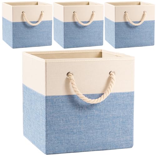 PRANDOM Large Foldable Cube Storage Bins 13x13 inch [4-Pack] Fabric Linen Storage Baskets Cubes Drawer with Cotton Handles Organizer for Shelves Nursery Closet Bedroom Beige/Blue - color: Beige/Blue, size: 13x13 inch(4-Pack)
