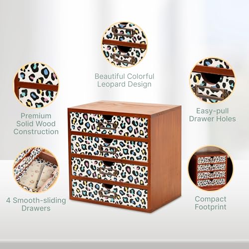 Colorful Leopard Print Wooden Desk Organizer - 4-Drawer Desktop Storage Cabinet for Office Supplies, Craft Tools & Home Organization - Trendy Wood Design for Crafters, Art Enthusiasts, Students - color: Multi-Color Leopard