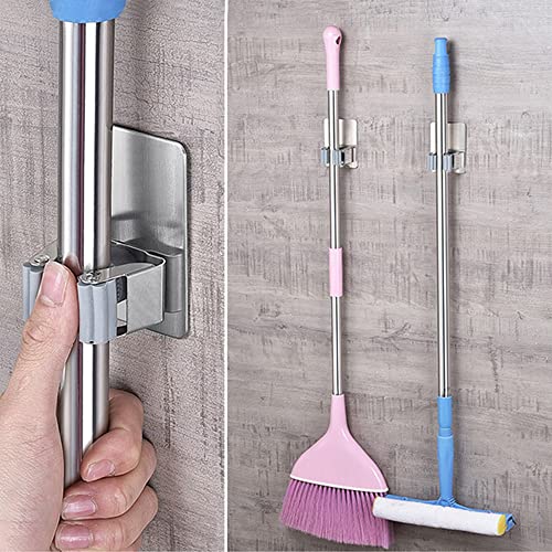HANZE 4 Pack Stainless Steel Mop Broom Holder Organizer, Self Adhesive Wall Mounted Mop Organizer Storage Rack Clip for Kitchen Bathroom and Garage (Rectangle, Large) - color: Model 1 (4 Pakck)